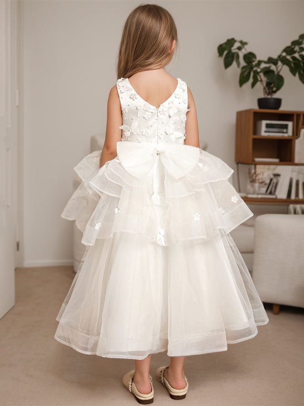 Ankle-Length Flower Girl Ball Gown with Round Neck and Lace Sleeveless