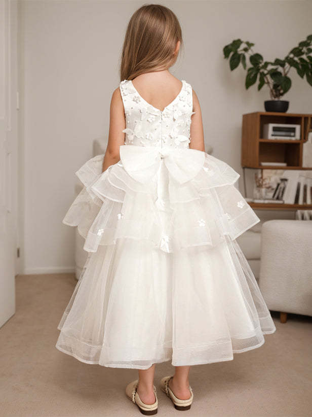 Ankle-Length Flower Girl Ball Gown with Round Neck and Lace Sleeveless