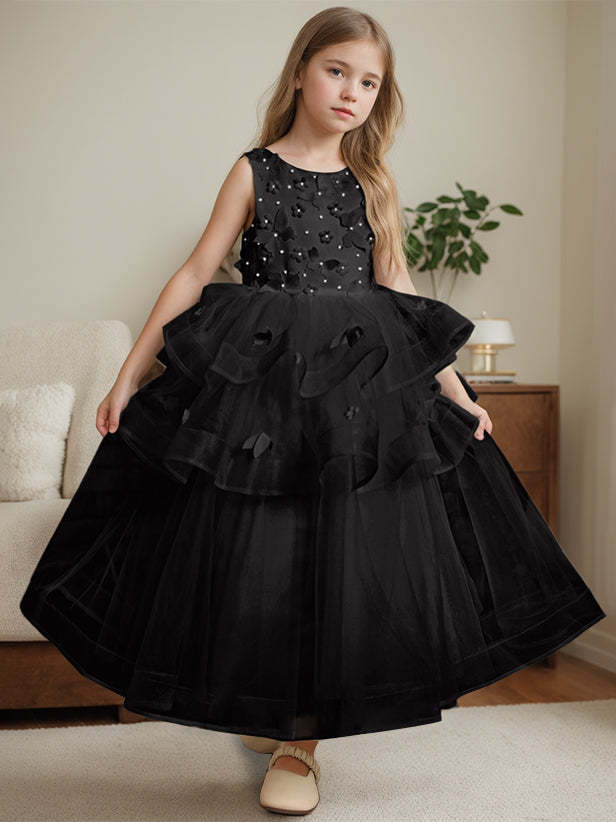 Ankle-Length Flower Girl Ball Gown with Round Neck and Lace Sleeveless