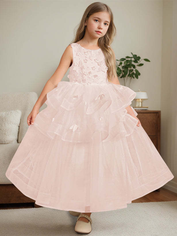 Ankle-Length Flower Girl Ball Gown with Round Neck and Lace Sleeveless