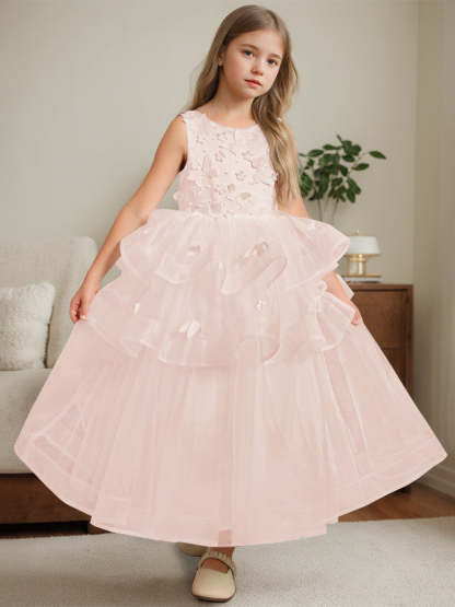 Ankle-Length Flower Girl Ball Gown with Round Neck and Lace Sleeveless