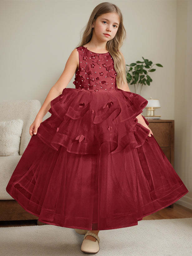 Ankle-Length Flower Girl Ball Gown with Round Neck and Lace Sleeveless
