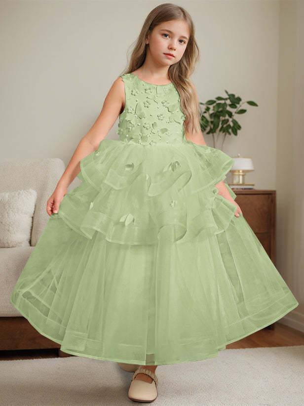 Ankle-Length Flower Girl Ball Gown with Round Neck and Lace Sleeveless