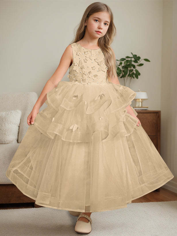 Ankle-Length Flower Girl Ball Gown with Round Neck and Lace Sleeveless