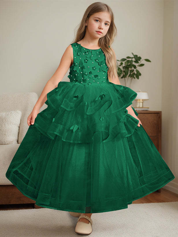 Ankle-Length Flower Girl Ball Gown with Round Neck and Lace Sleeveless