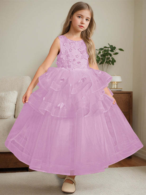 Ankle-Length Flower Girl Ball Gown with Round Neck and Lace Sleeveless