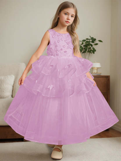 Ankle-Length Flower Girl Ball Gown with Round Neck and Lace Sleeveless