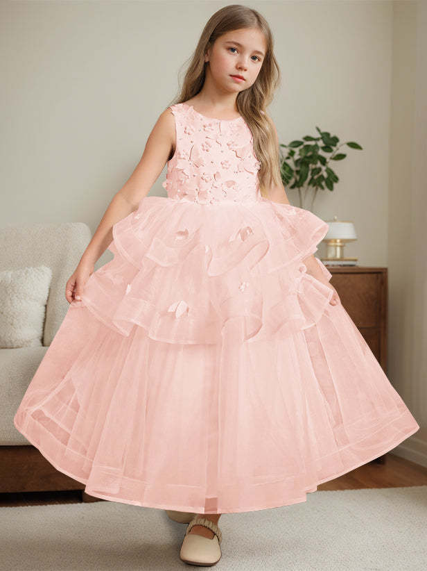 Ankle-Length Flower Girl Ball Gown with Round Neck and Lace Sleeveless