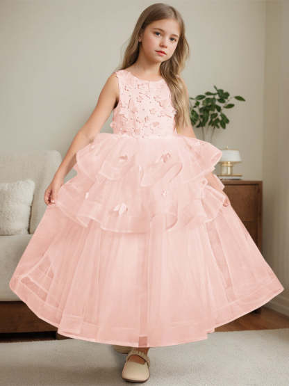 Ankle-Length Flower Girl Ball Gown with Round Neck and Lace Sleeveless