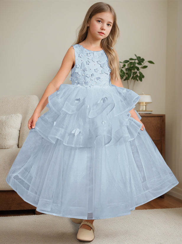 Ankle-Length Flower Girl Ball Gown with Round Neck and Lace Sleeveless