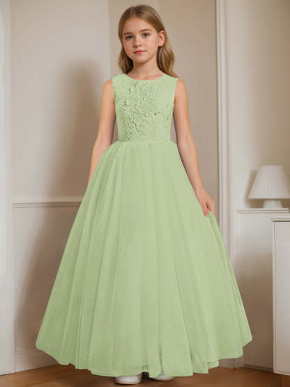 Floor-Length Sleeveless Flower Girl Dress with Appliques in A-Line/Princess Cut and Round Neck