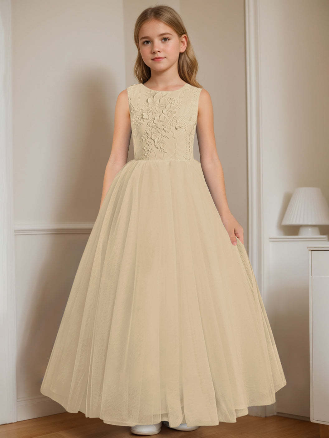 Floor-Length Sleeveless Flower Girl Dress with Appliques in A-Line/Princess Cut and Round Neck