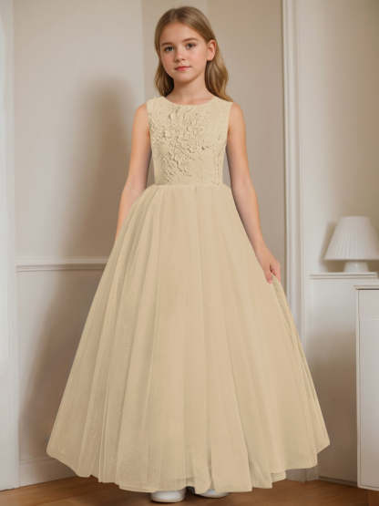 Floor-Length Sleeveless Flower Girl Dress with Appliques in A-Line/Princess Cut and Round Neck
