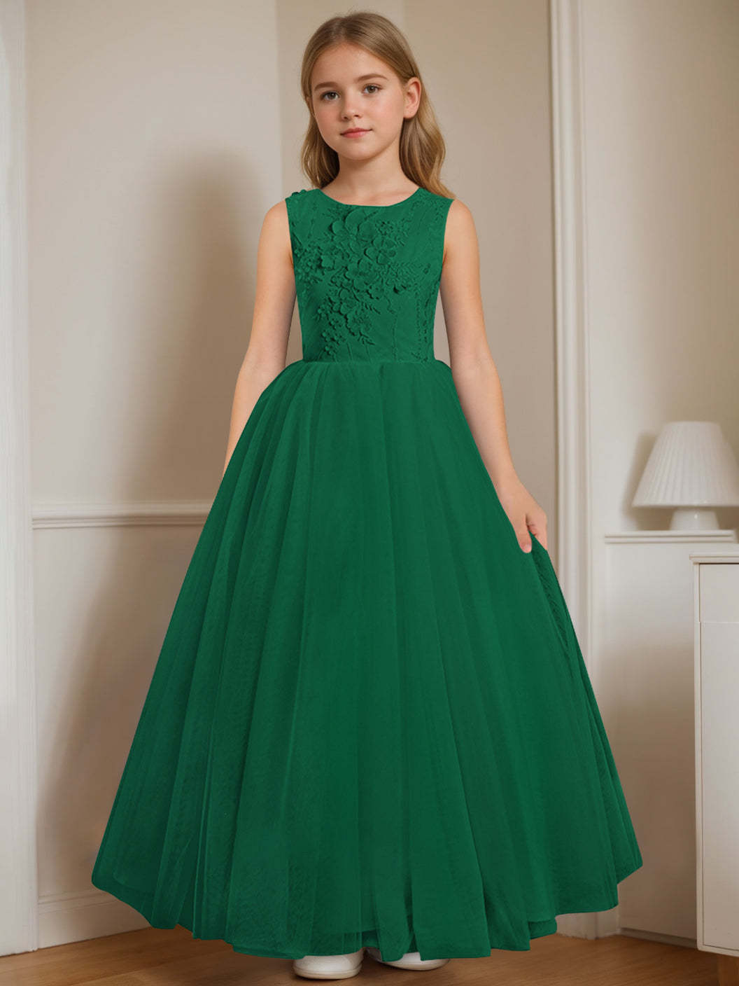 Floor-Length Sleeveless Flower Girl Dress with Appliques in A-Line/Princess Cut and Round Neck