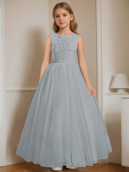 Floor-Length Sleeveless Flower Girl Dress with Appliques in A-Line/Princess Cut and Round Neck