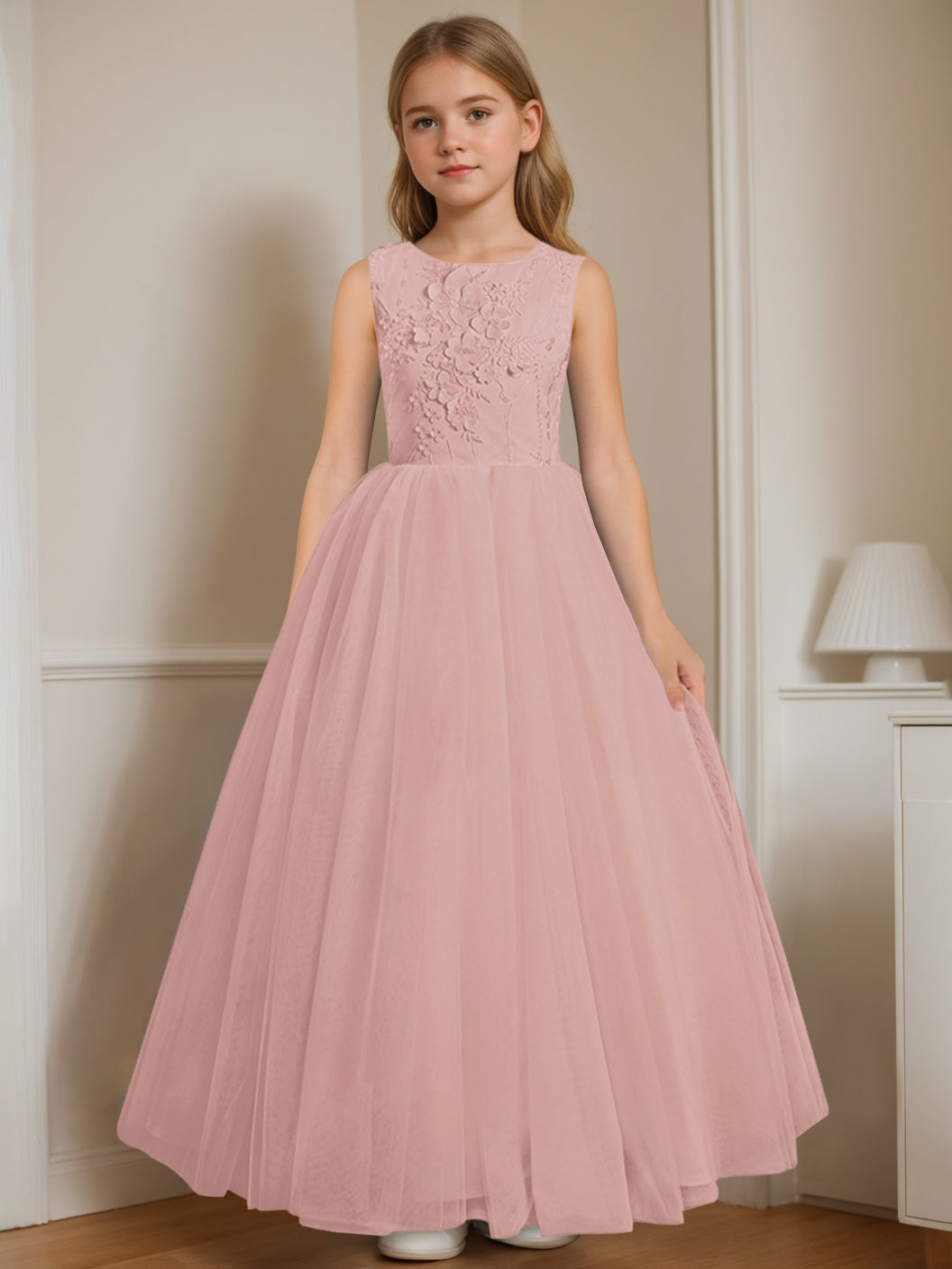 Floor-Length Sleeveless Flower Girl Dress with Appliques in A-Line/Princess Cut and Round Neck