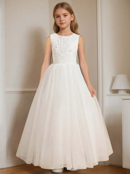 Floor-Length Sleeveless Flower Girl Dress with Appliques in A-Line/Princess Cut and Round Neck