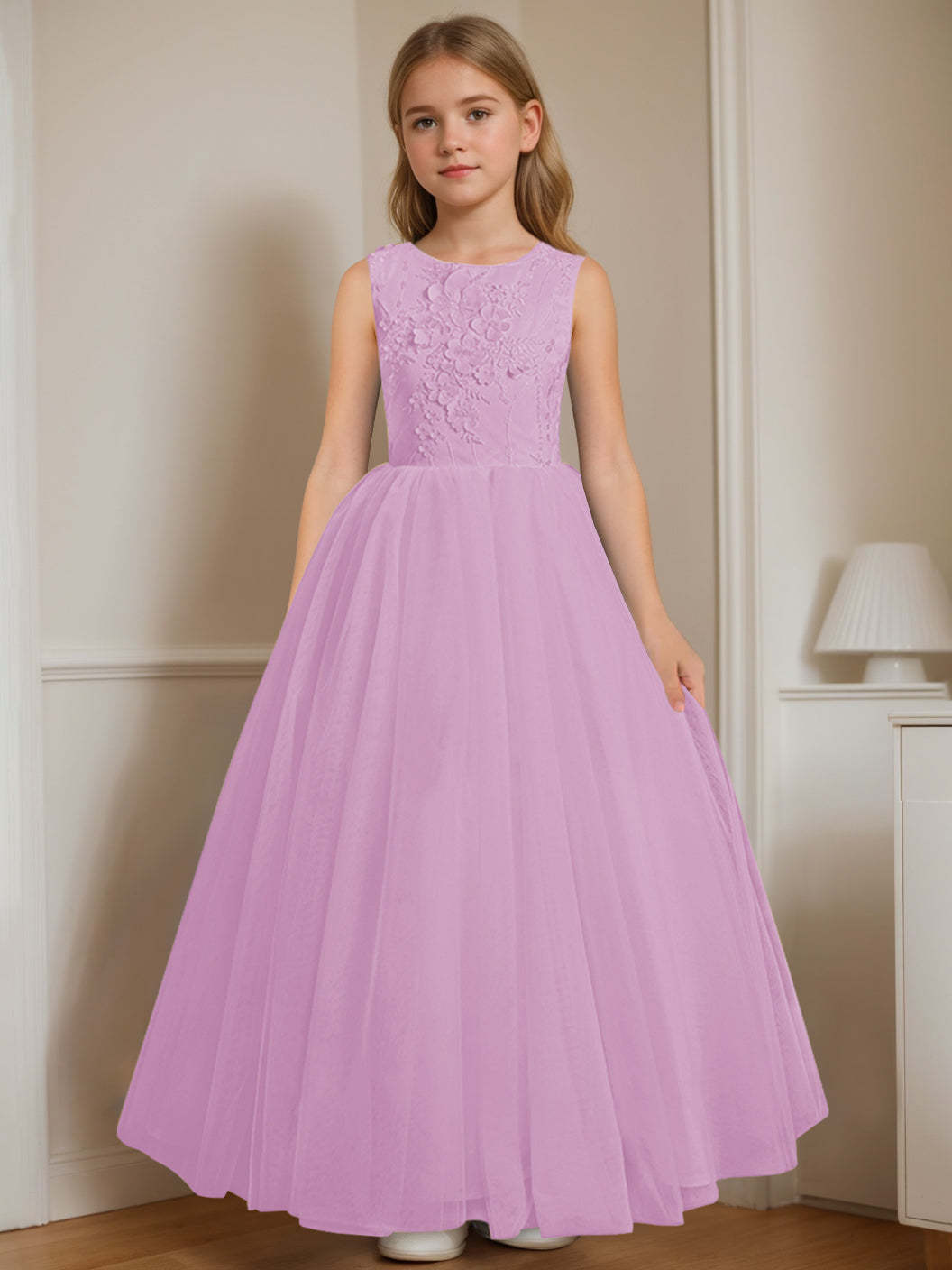 Floor-Length Sleeveless Flower Girl Dress with Appliques in A-Line/Princess Cut and Round Neck
