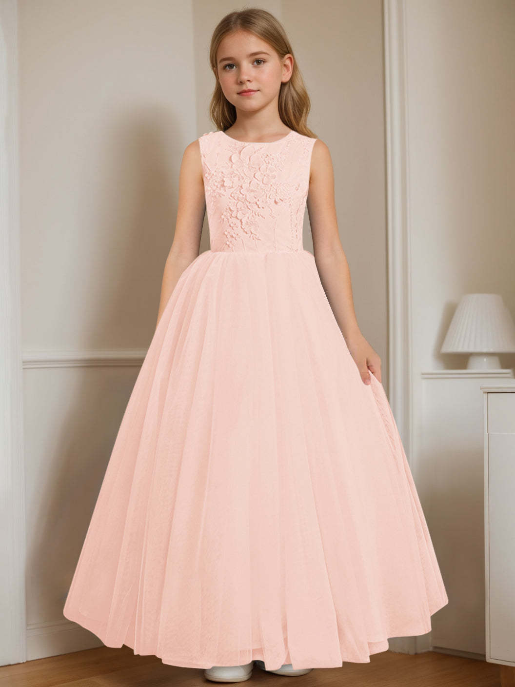 Floor-Length Sleeveless Flower Girl Dress with Appliques in A-Line/Princess Cut and Round Neck