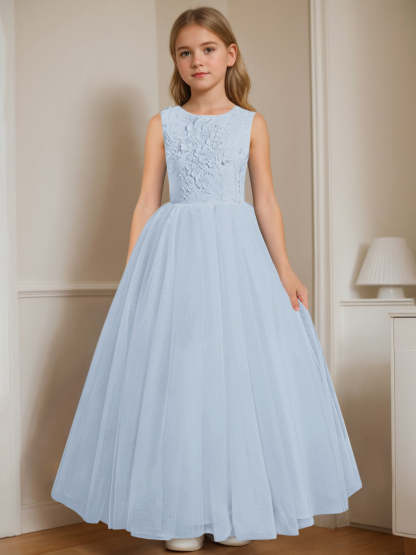 Floor-Length Sleeveless Flower Girl Dress with Appliques in A-Line/Princess Cut and Round Neck