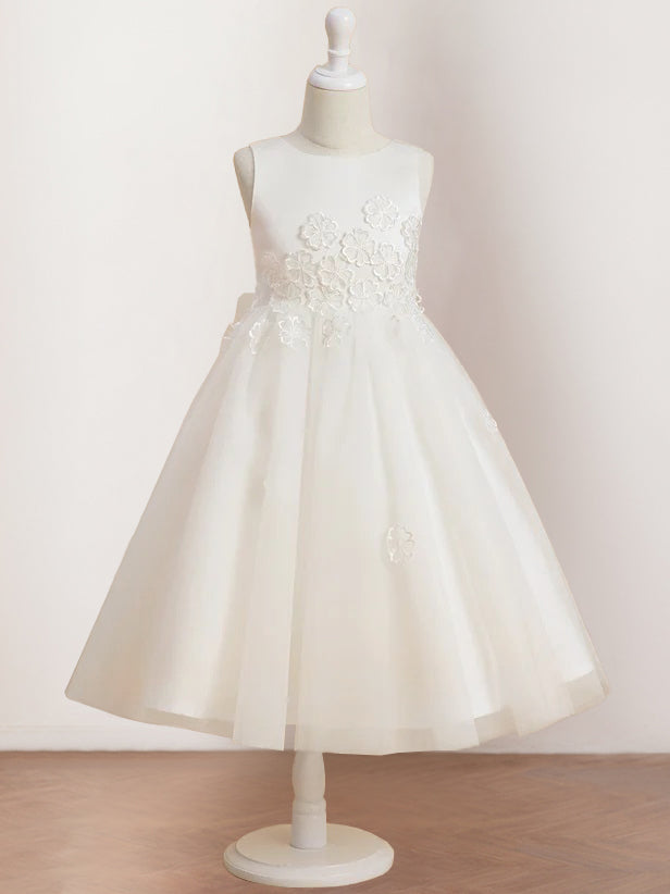 Sleeveless Scoop Neck Tea-Length Flower Girl Dress with Appliques in A-Line/Princess Style