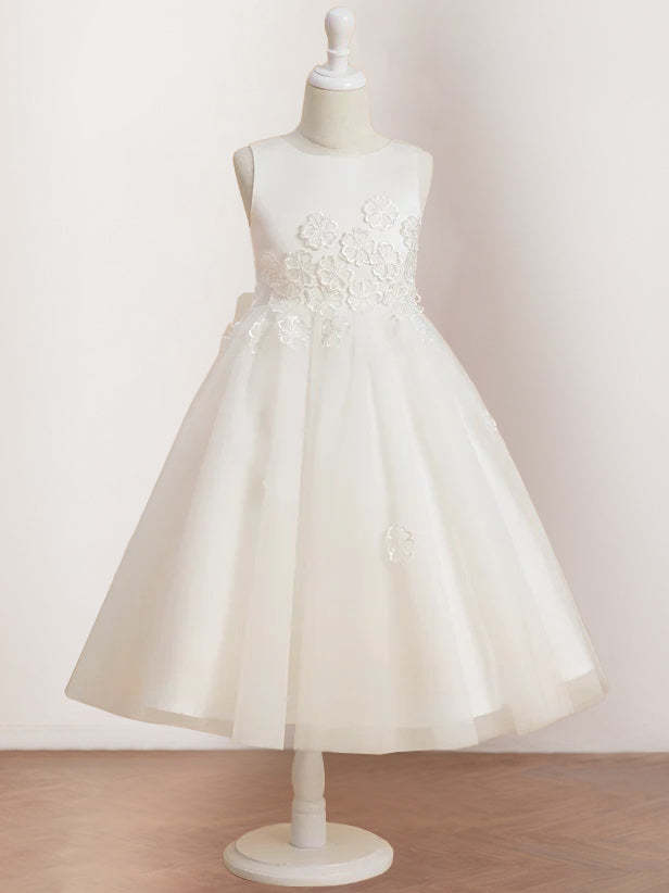 Sleeveless Scoop Neck Tea-Length Flower Girl Dress with Appliques in A-Line/Princess Style