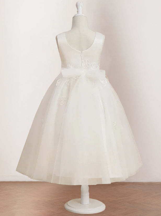 Sleeveless Scoop Neck Tea-Length Flower Girl Dress with Appliques in A-Line/Princess Style