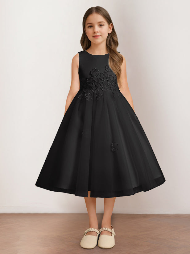 Sleeveless Scoop Neck Tea-Length Flower Girl Dress with Appliques in A-Line/Princess Style