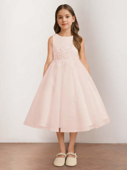 Sleeveless Scoop Neck Tea-Length Flower Girl Dress with Appliques in A-Line/Princess Style
