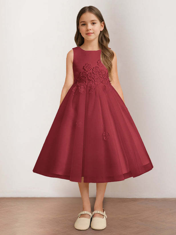 Sleeveless Scoop Neck Tea-Length Flower Girl Dress with Appliques in A-Line/Princess Style