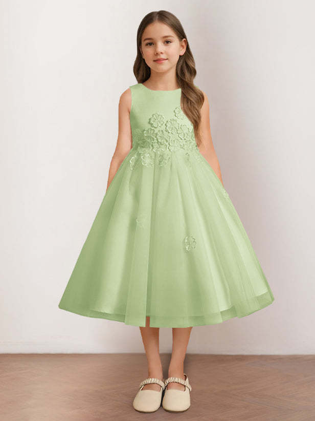Sleeveless Scoop Neck Tea-Length Flower Girl Dress with Appliques in A-Line/Princess Style
