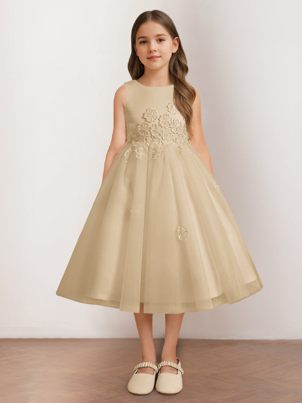 Sleeveless Scoop Neck Tea-Length Flower Girl Dress with Appliques in A-Line/Princess Style