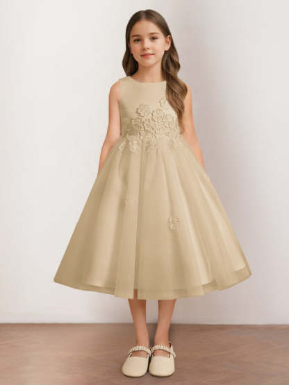Sleeveless Scoop Neck Tea-Length Flower Girl Dress with Appliques in A-Line/Princess Style