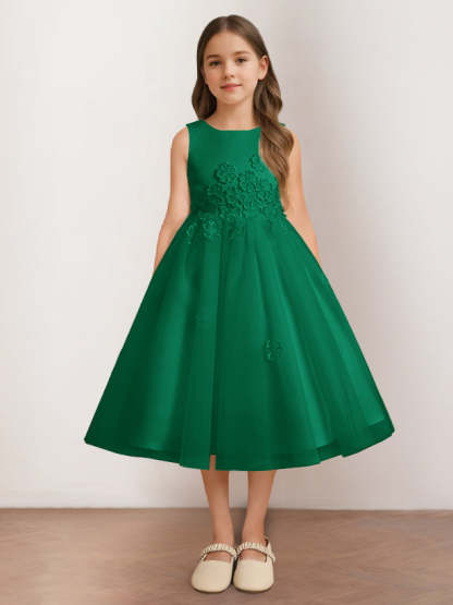 Sleeveless Scoop Neck Tea-Length Flower Girl Dress with Appliques in A-Line/Princess Style