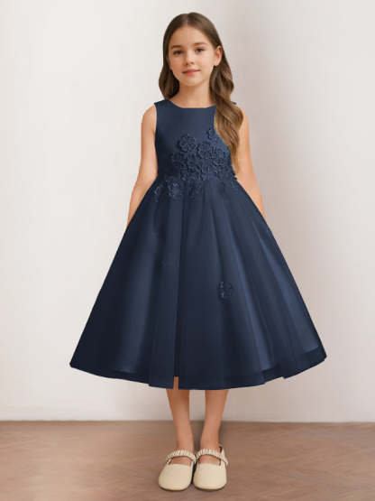 Sleeveless Scoop Neck Tea-Length Flower Girl Dress with Appliques in A-Line/Princess Style