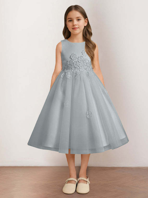 Sleeveless Scoop Neck Tea-Length Flower Girl Dress with Appliques in A-Line/Princess Style