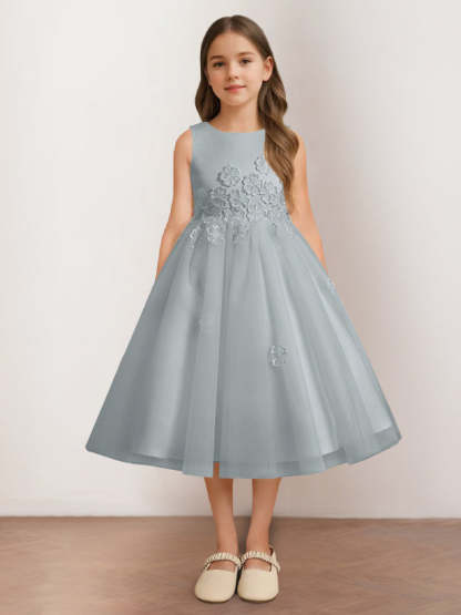 Sleeveless Scoop Neck Tea-Length Flower Girl Dress with Appliques in A-Line/Princess Style
