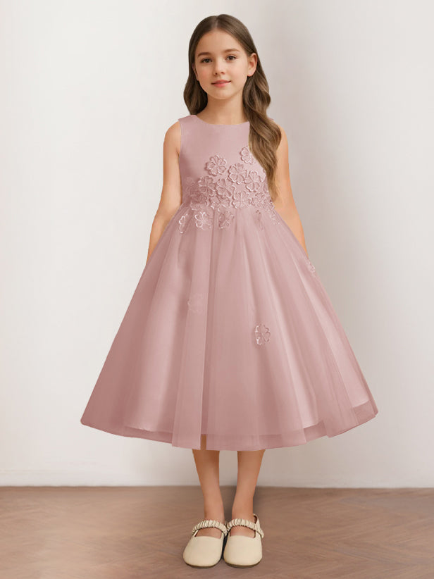 Sleeveless Scoop Neck Tea-Length Flower Girl Dress with Appliques in A-Line/Princess Style