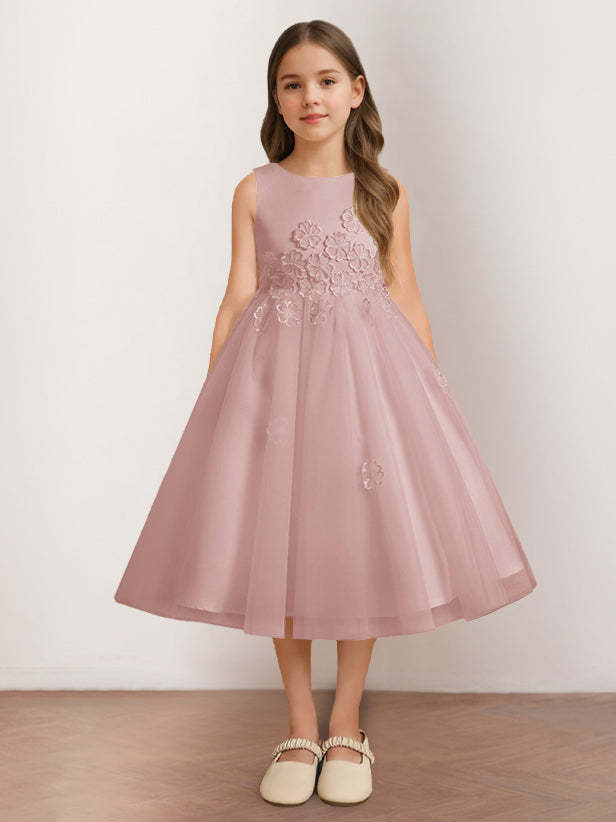 Sleeveless Scoop Neck Tea-Length Flower Girl Dress with Appliques in A-Line/Princess Style