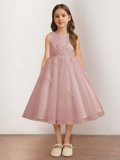 Sleeveless Scoop Neck Tea-Length Flower Girl Dress with Appliques in A-Line/Princess Style