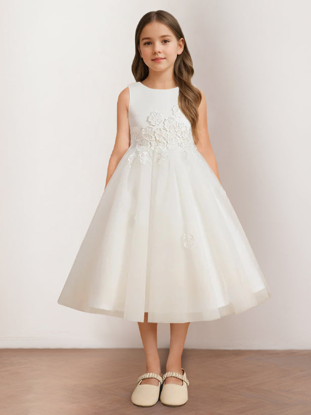 Sleeveless Scoop Neck Tea-Length Flower Girl Dress with Appliques in A-Line/Princess Style