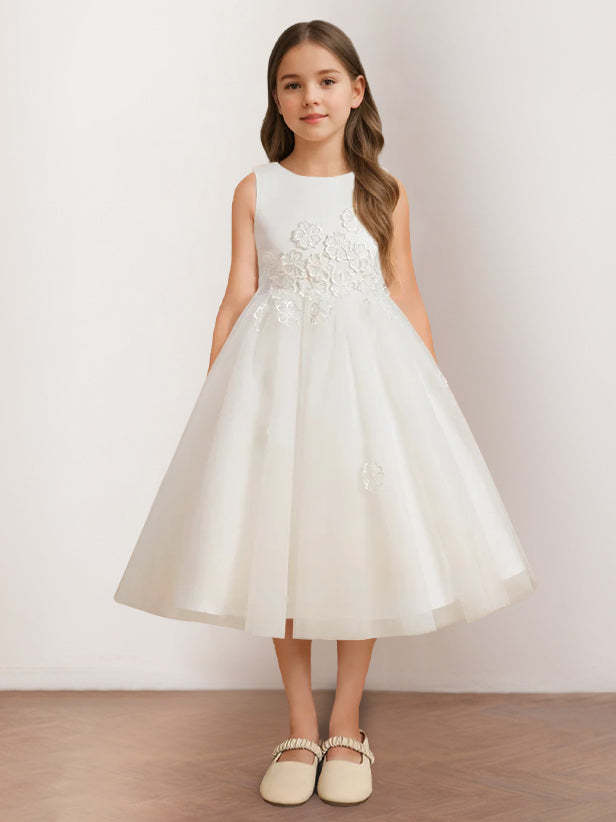Sleeveless Scoop Neck Tea-Length Flower Girl Dress with Appliques in A-Line/Princess Style