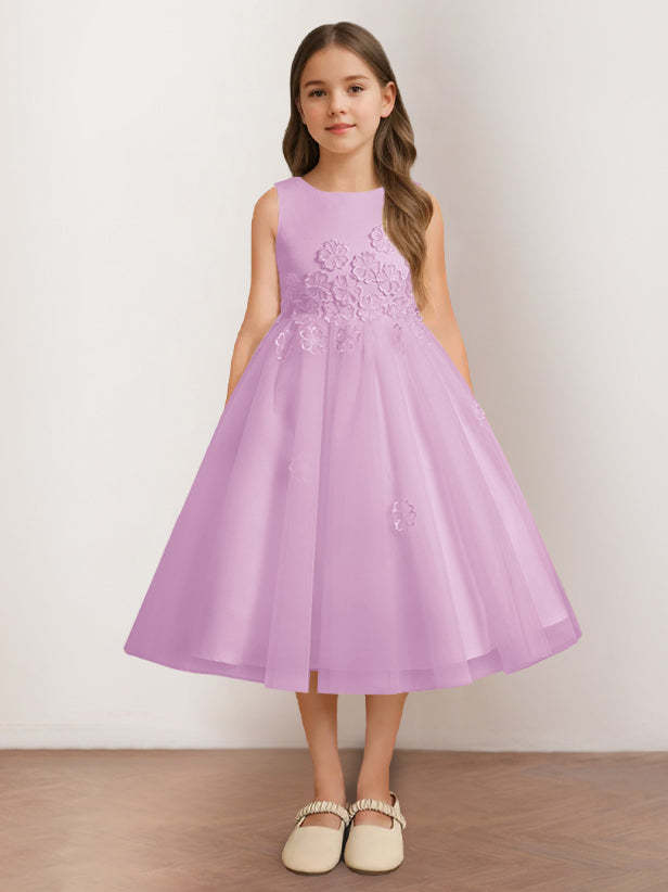 Sleeveless Scoop Neck Tea-Length Flower Girl Dress with Appliques in A-Line/Princess Style