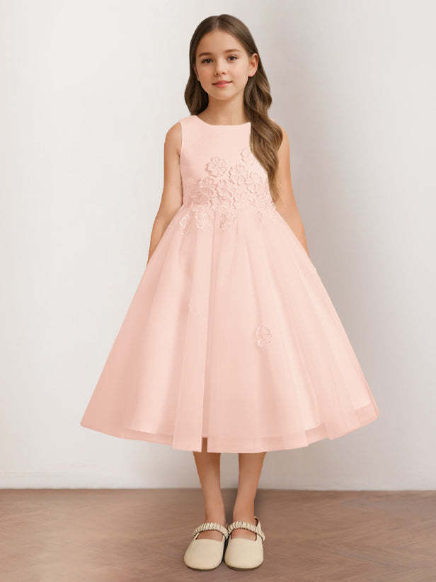 Sleeveless Scoop Neck Tea-Length Flower Girl Dress with Appliques in A-Line/Princess Style