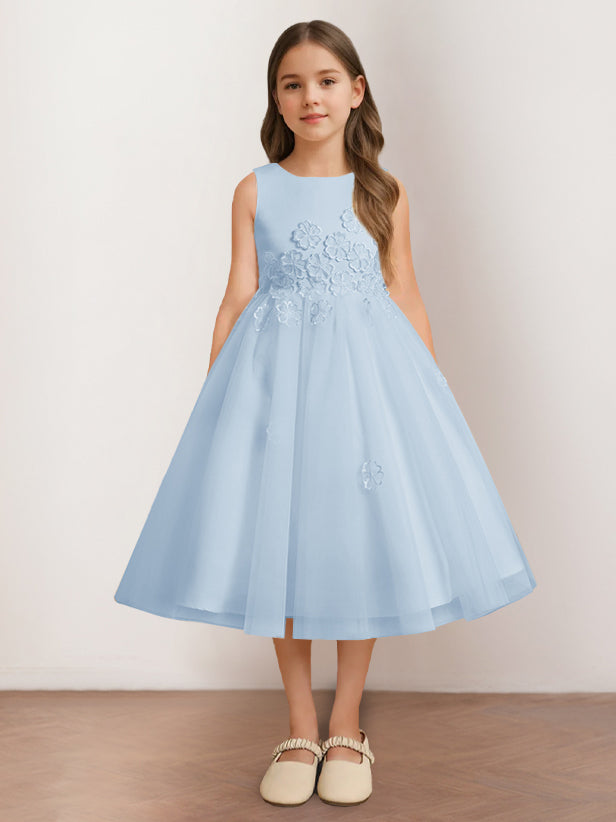 Sleeveless Scoop Neck Tea-Length Flower Girl Dress with Appliques in A-Line/Princess Style