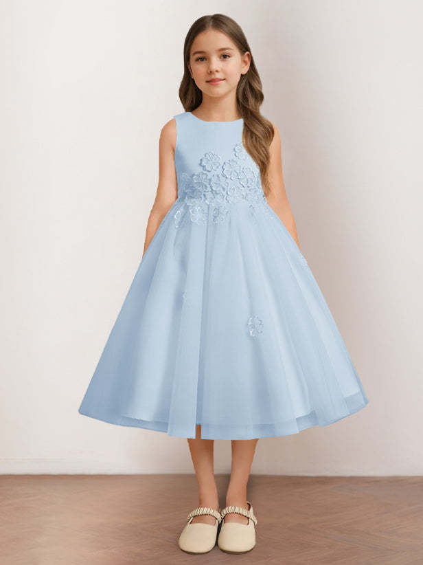 Sleeveless Scoop Neck Tea-Length Flower Girl Dress with Appliques in A-Line/Princess Style