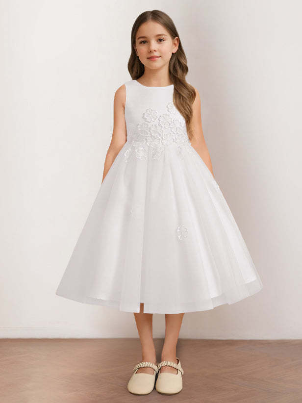 Sleeveless Scoop Neck Tea-Length Flower Girl Dress with Appliques in A-Line/Princess Style