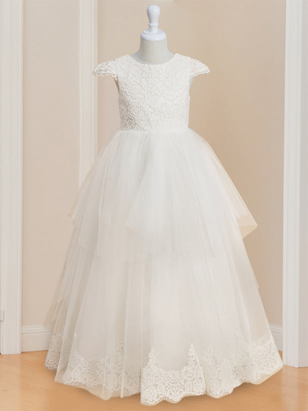 Sleeveless Scoop-Neck Floor-Length Ball Gown with Lace and Bowknot for Flower Girls