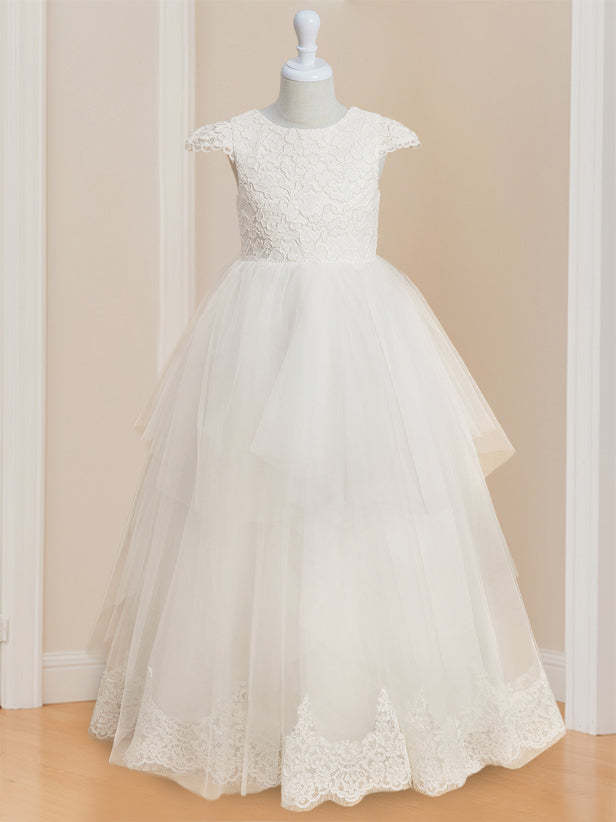 Sleeveless Scoop-Neck Floor-Length Ball Gown with Lace and Bowknot for Flower Girls