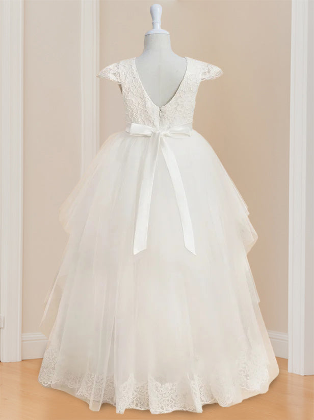 Sleeveless Scoop-Neck Floor-Length Ball Gown with Lace and Bowknot for Flower Girls